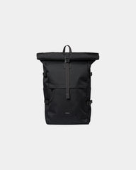 Plecak z recyklingu Sandqvist Icon Rolltop 26L z nadrukiem - Czarny/czarny z czarną skórą