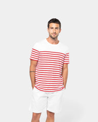 Męski T-shirt w paski z okrągłym dekoltem z nadrukiem