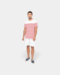 Męski T-shirt w paski z okrągłym dekoltem z nadrukiem - 1