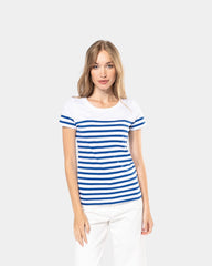 Damski T-shirt w paski z okrągłym dekoltem z nadrukiem