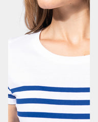Damski T-shirt w paski z okrągłym dekoltem z nadrukiem - 4
