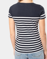 Damski T-shirt w paski z okrągłym dekoltem z nadrukiem - 6