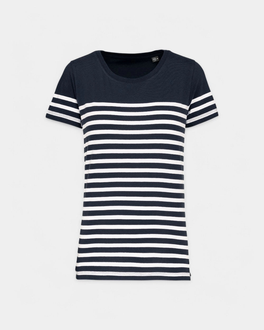 Damski T-shirt w paski z okrągłym dekoltem z nadrukiem - 8