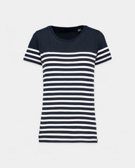 Damski T-shirt w paski z okrągłym dekoltem z nadrukiem - 8