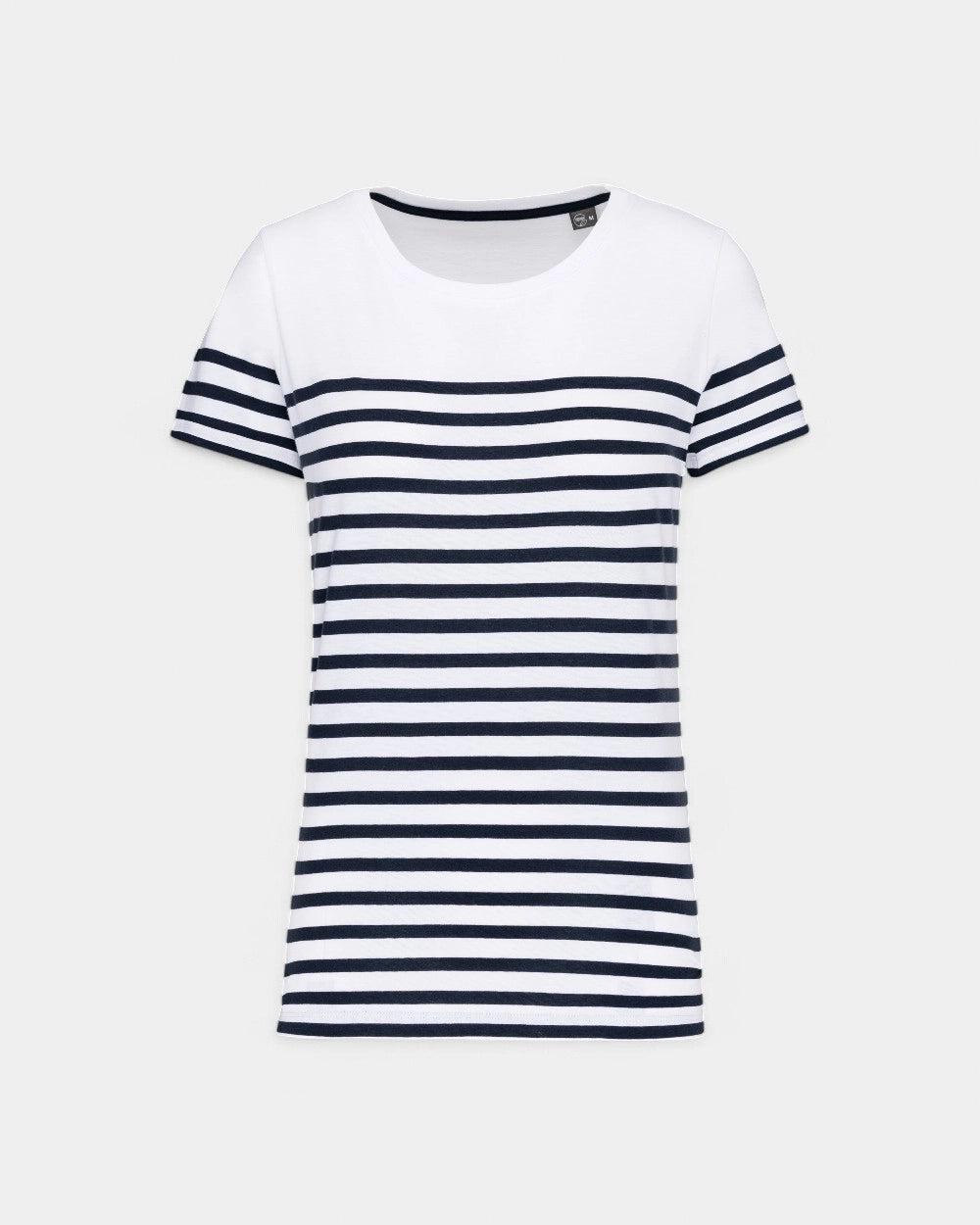 Damski T-shirt w paski z okrągłym dekoltem z nadrukiem - 9