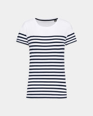 Damski T-shirt w paski z okrągłym dekoltem z nadrukiem - 9