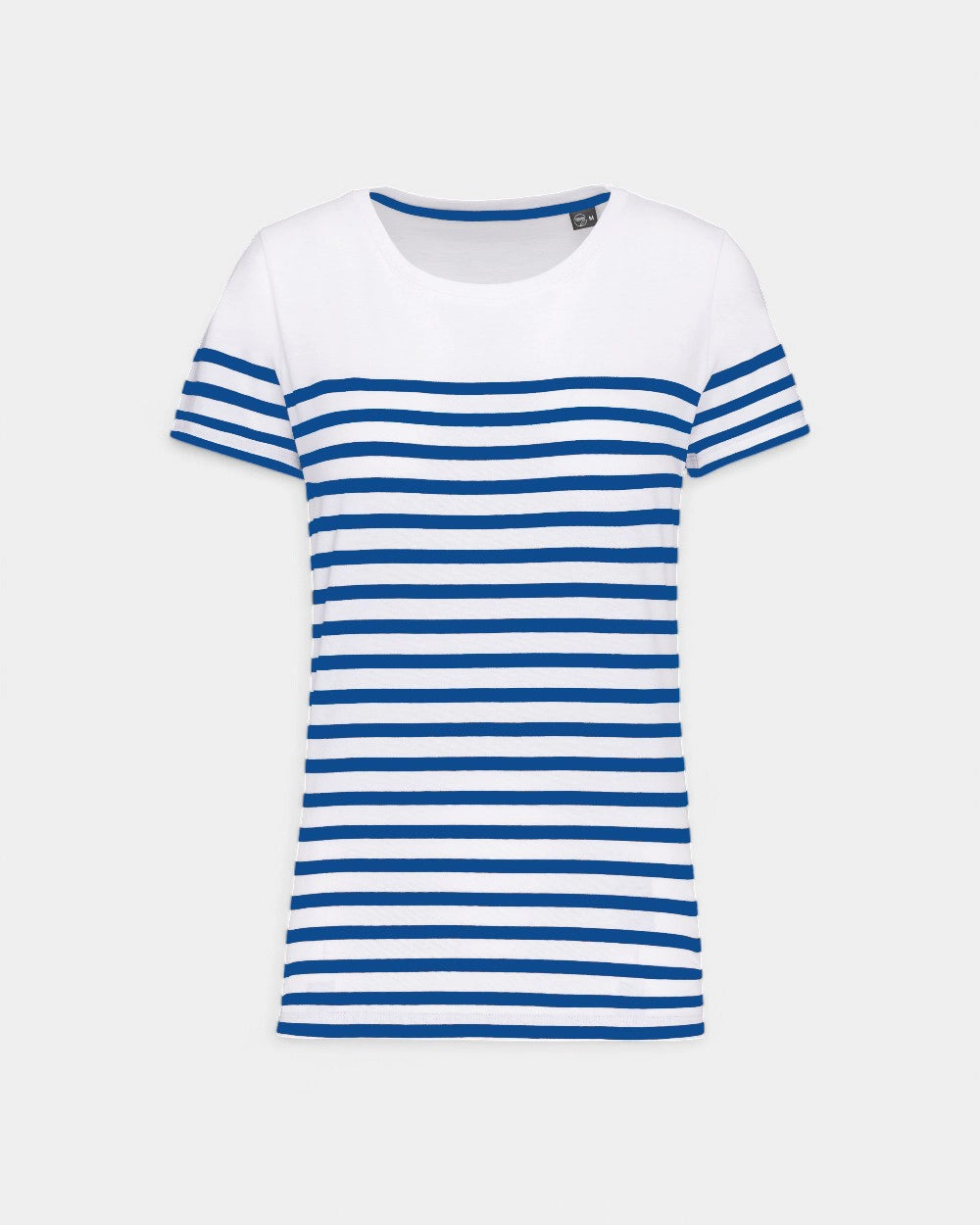Damski T-shirt w paski z okrągłym dekoltem z nadrukiem - 11