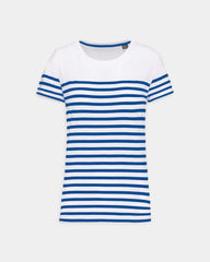 Damski T-shirt w paski z okrągłym dekoltem z nadrukiem - 11